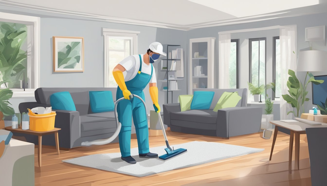 A person cleaning and renovating a home to prevent mold, using protective gear and proper cleaning supplies to minimize the risk of chronic fatigue