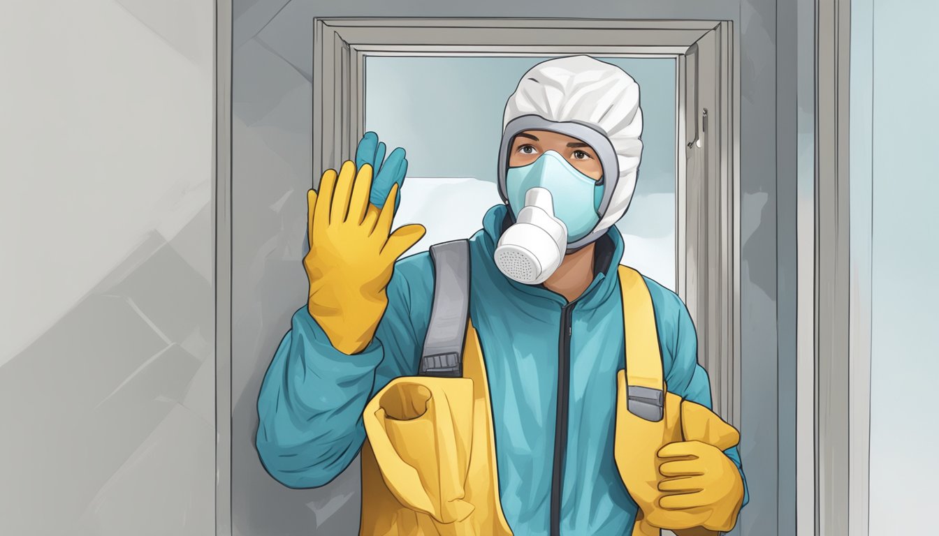 A person wearing a mask and gloves removes moldy drywall. Ventilation and protective gear are in place