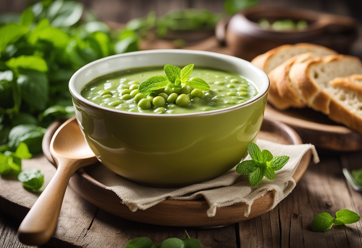 A steaming bowl of pea soup with fresh mint leaves on top, surrounded by a rustic wooden spoon and a slice of crusty bread