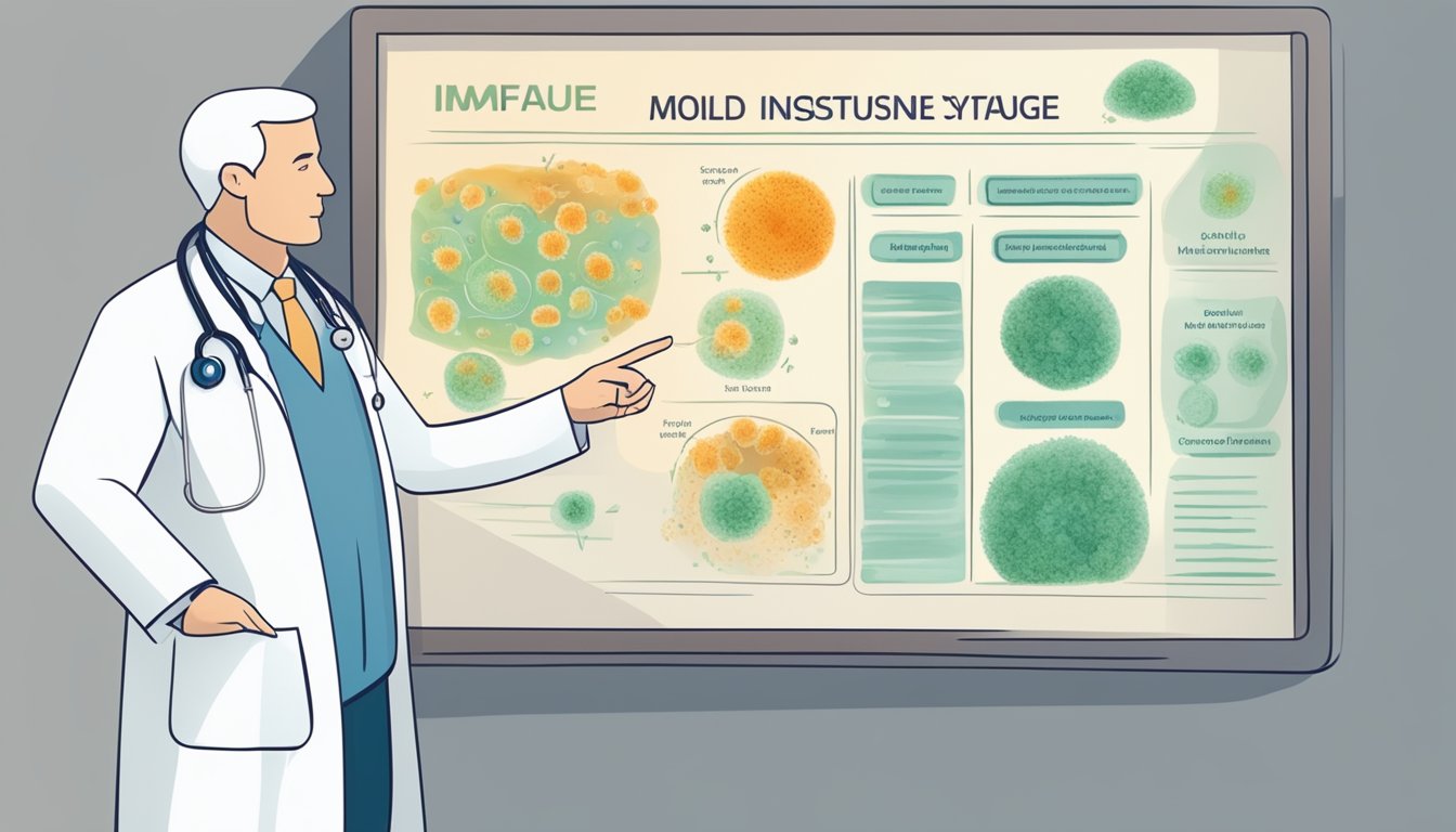 A doctor discussing mold-induced chronic fatigue with a patient, pointing to a chart showing the role of the immune system
