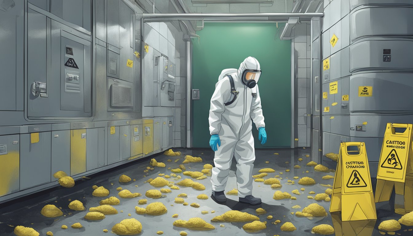 A person in a hazmat suit examining a mold-infested environment with caution signs and protective gear scattered around