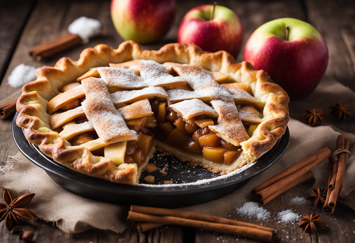 A whole wheat apple pie sits on a rustic wooden table, surrounded by fresh apples, cinnamon sticks, and a sprinkle of powdered sugar