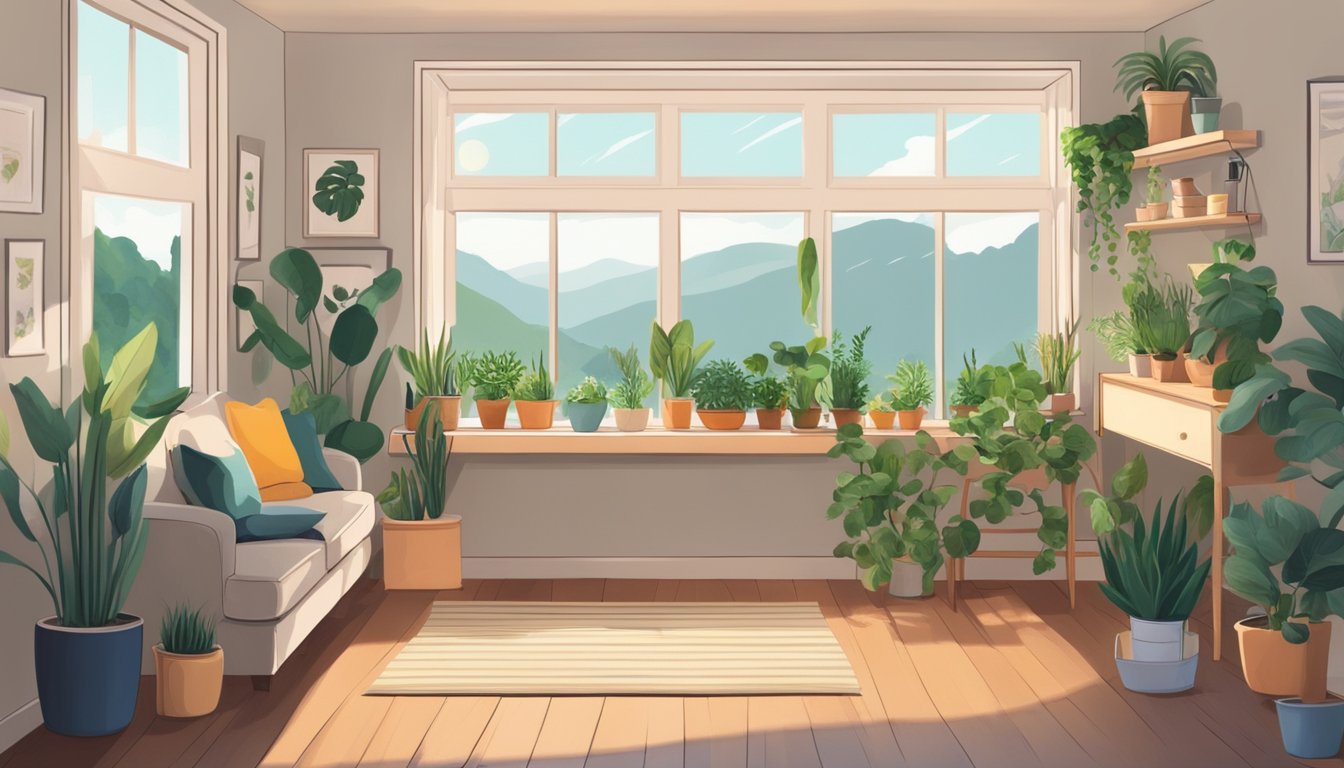 A cozy home with plants and open windows. A person eats fresh, whole foods and drinks plenty of water. They exercise and rest to manage chronic fatigue