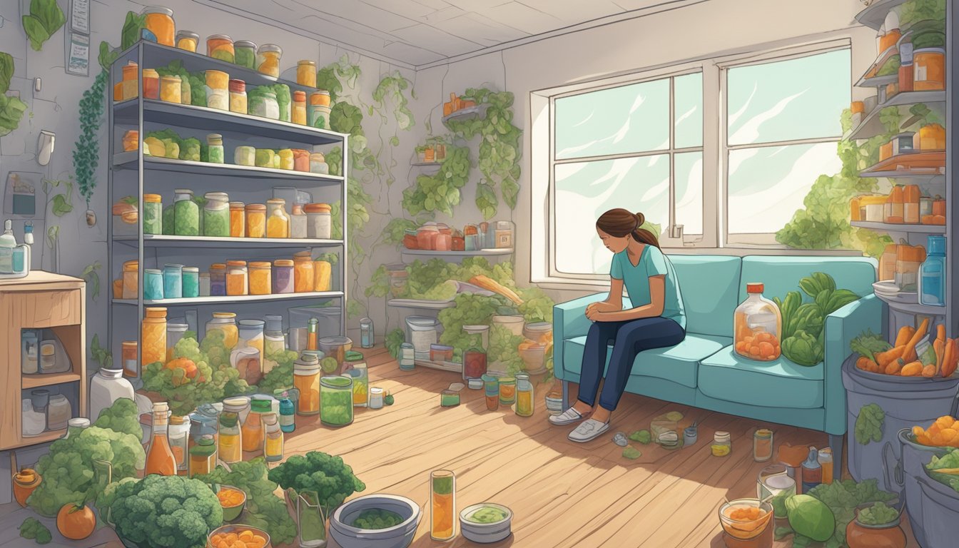 A mold-infested room with visible signs of decay. A person struggles with chronic fatigue, surrounded by healthy food and supplements. Advocacy materials line the walls, symbolizing a fight for wellness
