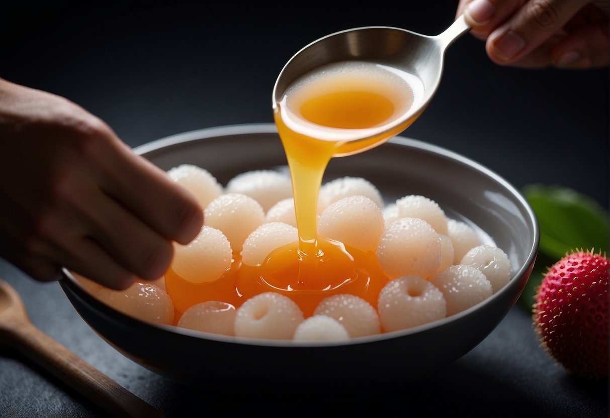 A hand pours hot lychee syrup into a bowl of gelatin powder, stirring until dissolved