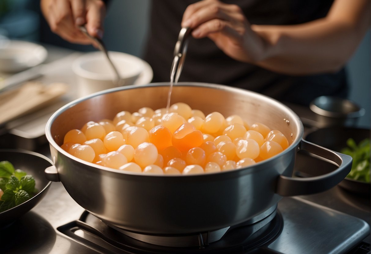 Lychee jelly ingredients being mixed in a pot, heated, and poured into molds to set