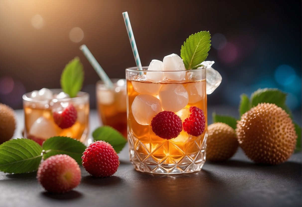 A clear glass filled with lychee jelly cubes floating in sweetened tea, with a colorful straw and lychee fruit garnish