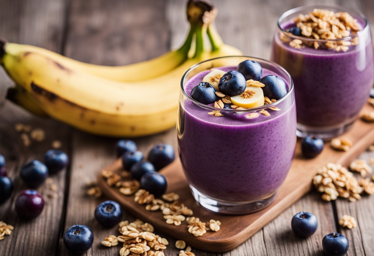 Acai smoothie with banana and granola in a tall glass on a wooden table, surrounded by fresh acai berries and sliced bananas