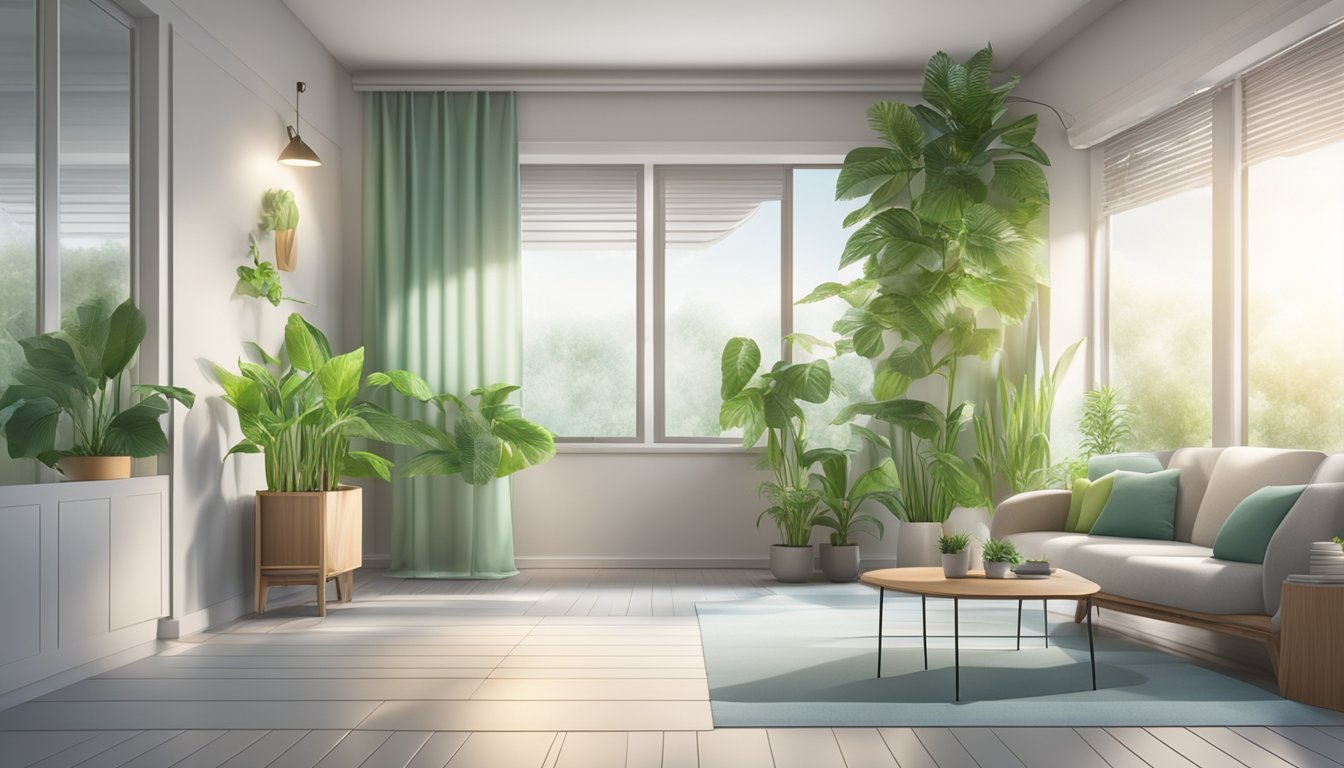 A well-ventilated room with plants, air purifiers, and natural light. Mold-free environment with clean surfaces and proper humidity control