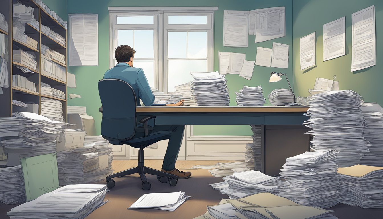 A person sitting at a desk, surrounded by legal documents and policy papers. A visible mold patch on the wall, with a ventilation system in the background