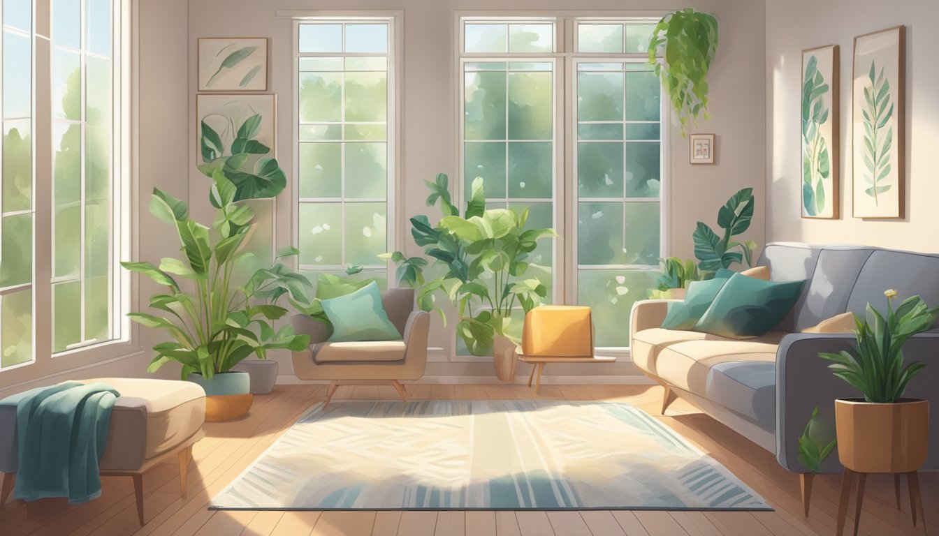 A cozy living room with plants, an air purifier, and open windows. Mold-free environment with natural light and comfortable seating