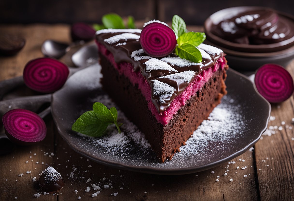 A chocolate and beetroot gluten-free cake on a rustic wooden table with a sprinkle of powdered sugar and fresh beetroot slices for garnish