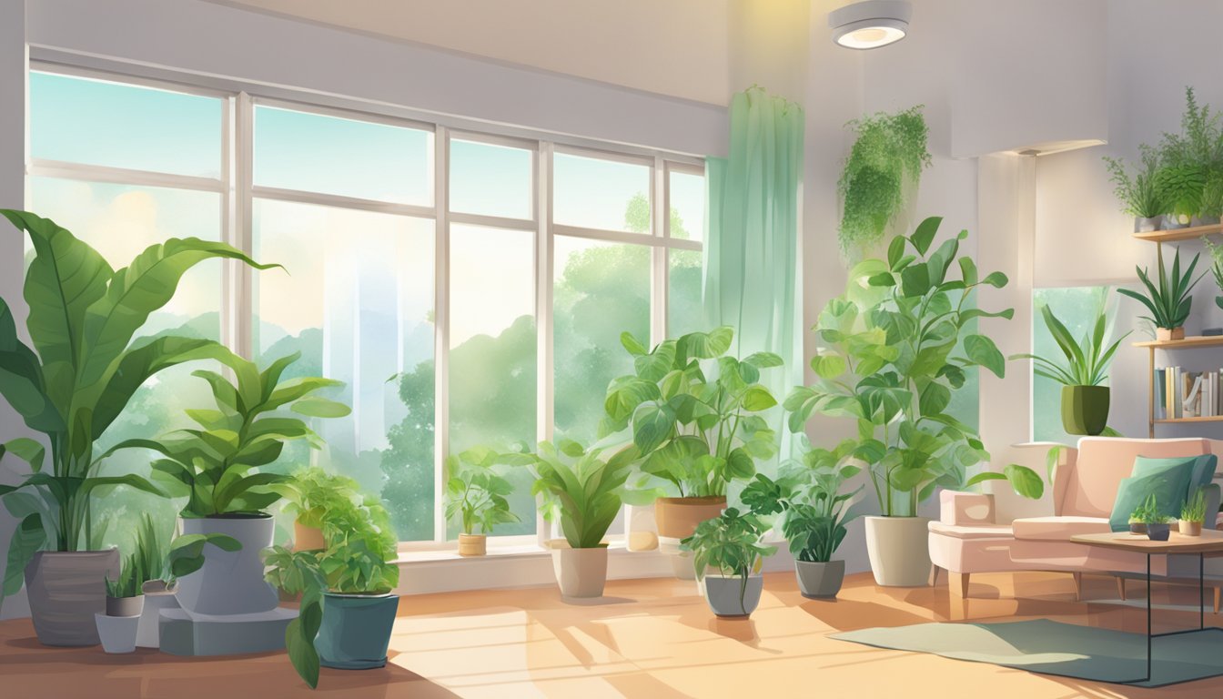A room with open windows, air purifier running, and plants absorbing toxins
