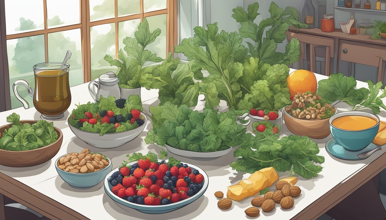 A table with various foods like leafy greens, berries, and nuts. A person drinks water and herbal tea. A mold-free environment surrounds them