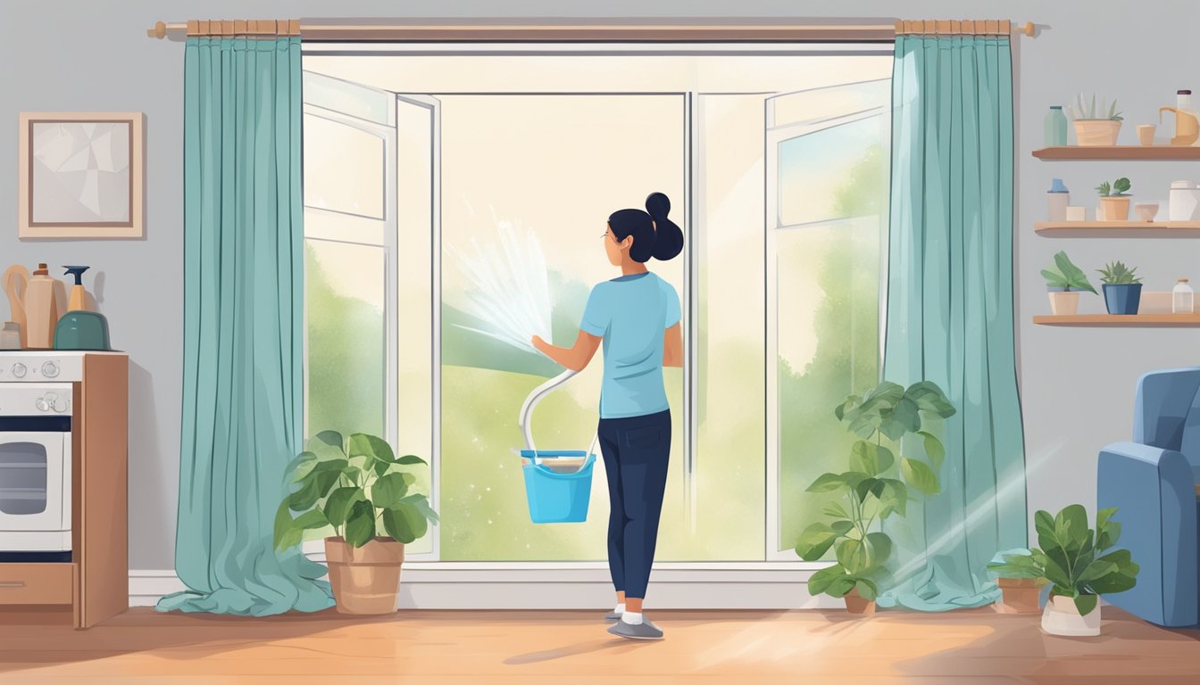 A person opens windows, removes moldy items, and cleans surfaces with vinegar and baking soda. A dehumidifier runs in the background