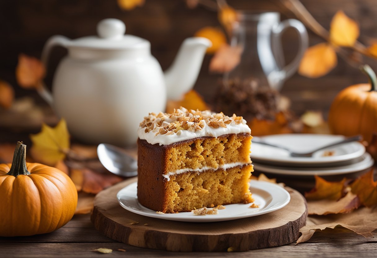 A pumpkin cake with coconut topping sits on a rustic wooden table, surrounded by autumn leaves and a warm, inviting atmosphere