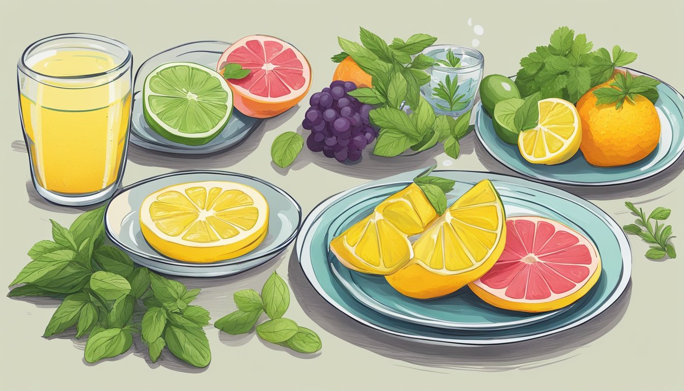 A table set with fresh fruits, vegetables, and herbs for a mold-detox diet. A glass of water with lemon slices sits beside a plate of colorful, nutrient-rich foods