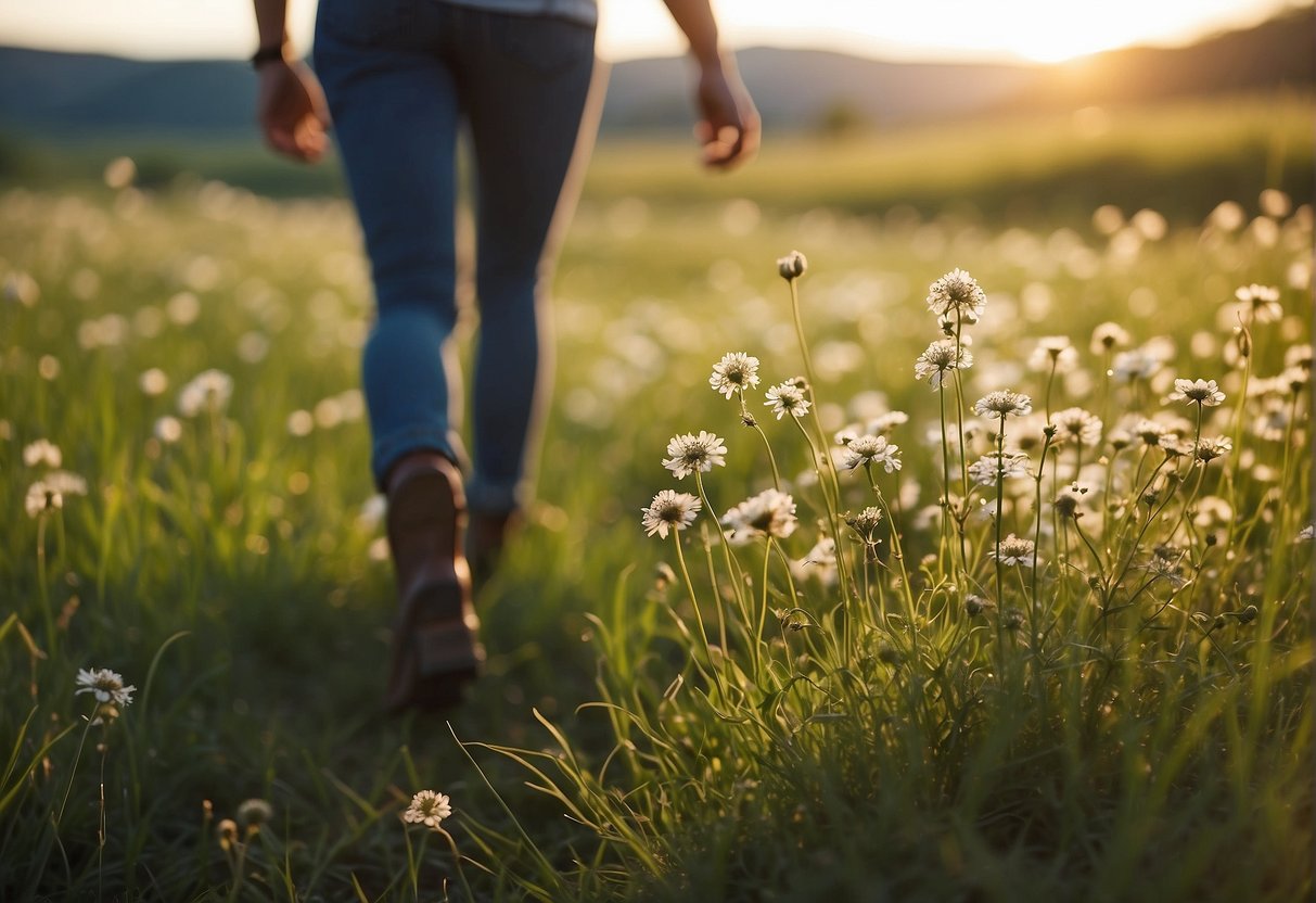 A figure strolls through a grassy meadow, feeling the cool, dewy blades beneath their feet. Wildflowers sway in the gentle breeze, and the sun casts a warm glow over the serene landscape