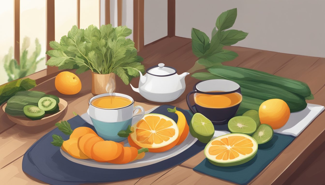 A table with fresh fruits, vegetables, and whole grains. A person drinking herbal tea. A yoga mat and meditation cushion in the corner