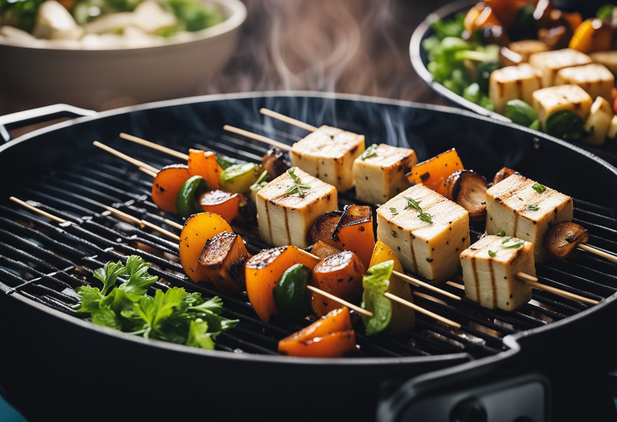 Skewers of tofu and roasted vegetables on a grill