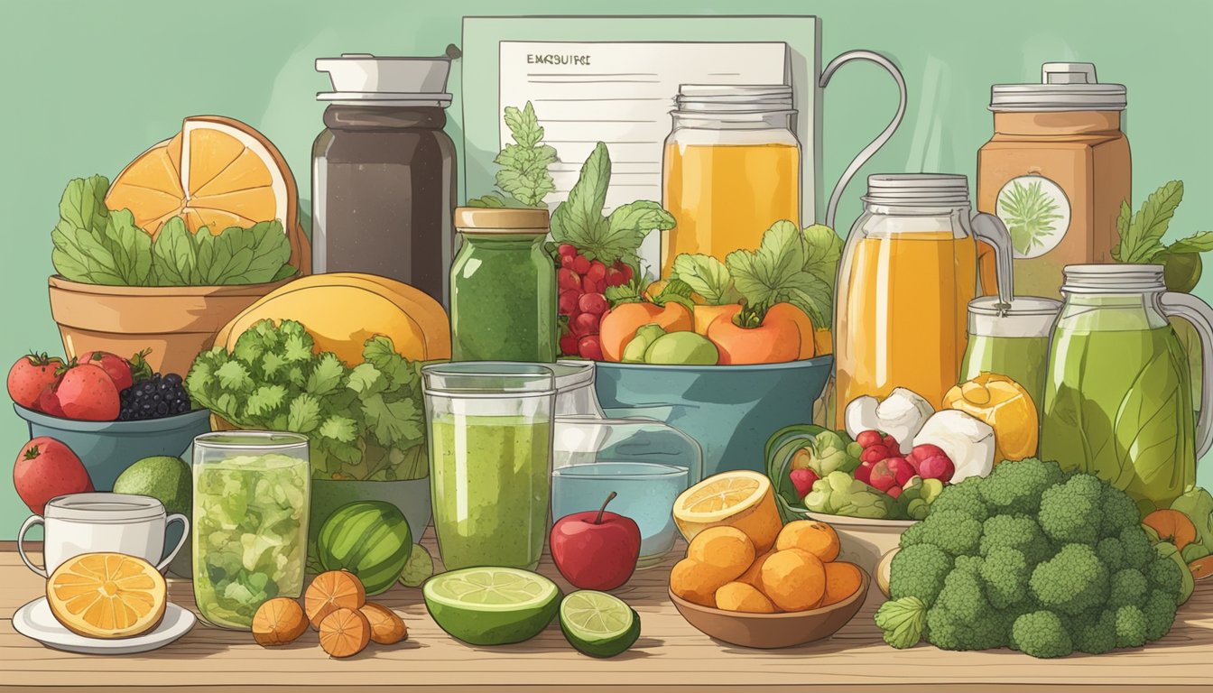 A table with a variety of healthy foods and drinks, such as fruits, vegetables, and herbal teas, arranged neatly with a sign reading "Frequently Asked Questions Diet to detox from mold exposure"
