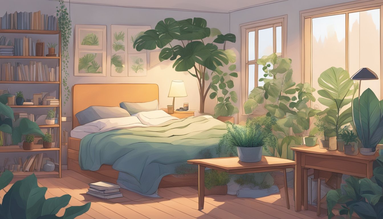 A cozy bedroom with a subtle hint of mold spores in the air, surrounded by plants and a humidifier. A person lies in bed, exhausted and fatigued, surrounded by books and journals