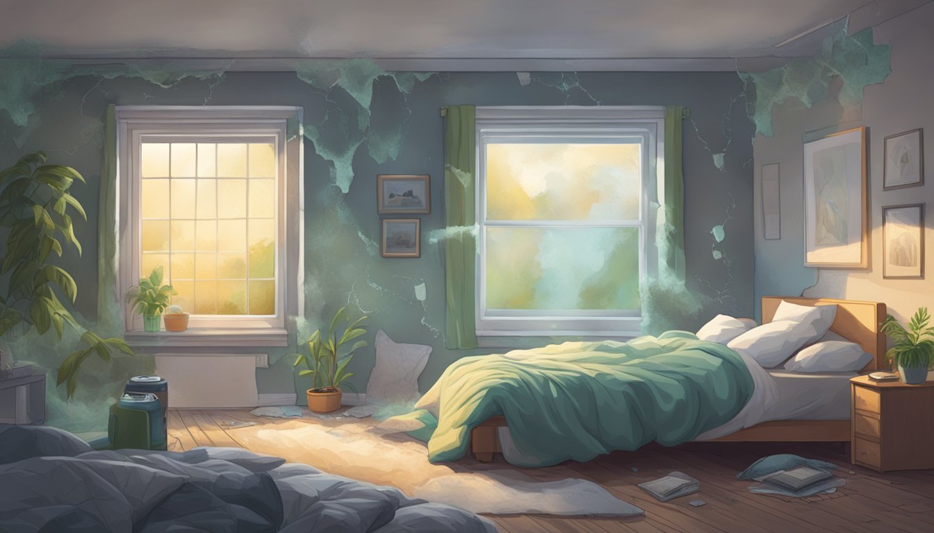 A cozy bedroom with a cracked window, damp walls, and mold growing in the corners. A person lying in bed, exhausted, surrounded by air purifiers and mold-resistant bedding