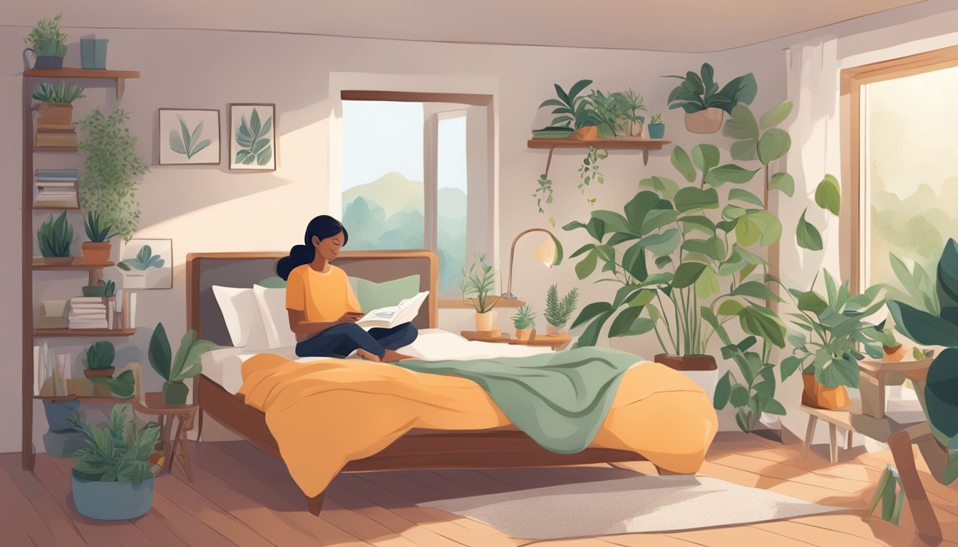 A cozy bedroom with plants, air purifiers, and natural light. A person resting in bed with a journal and a cup of herbal tea