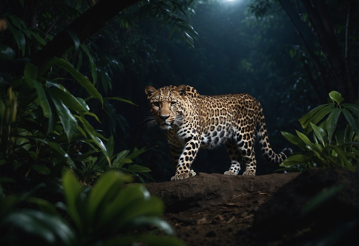 A leopard prowls through a moonlit jungle, its sleek coat shimmering in the darkness as it moves with graceful stealth