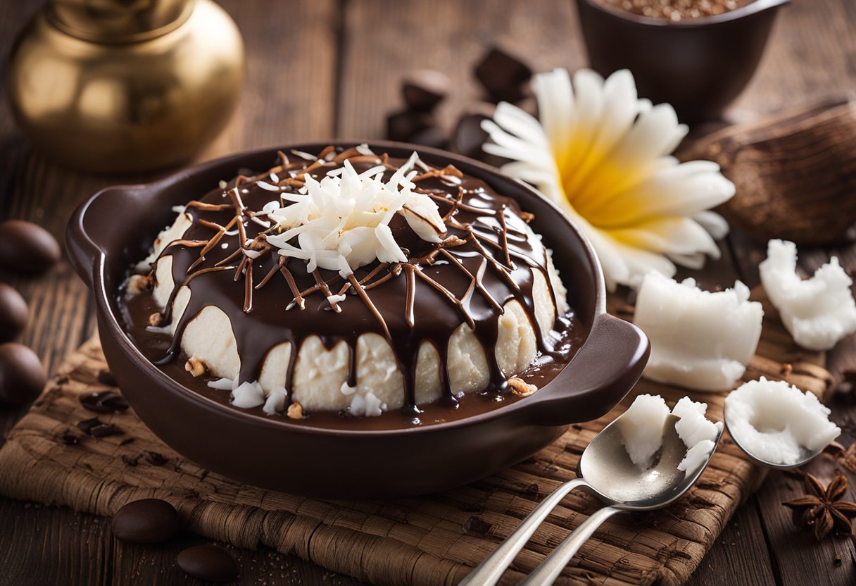 A decadent chocolate and coconut pudding sits on a rustic wooden table, topped with shredded coconut and drizzled with chocolate sauce