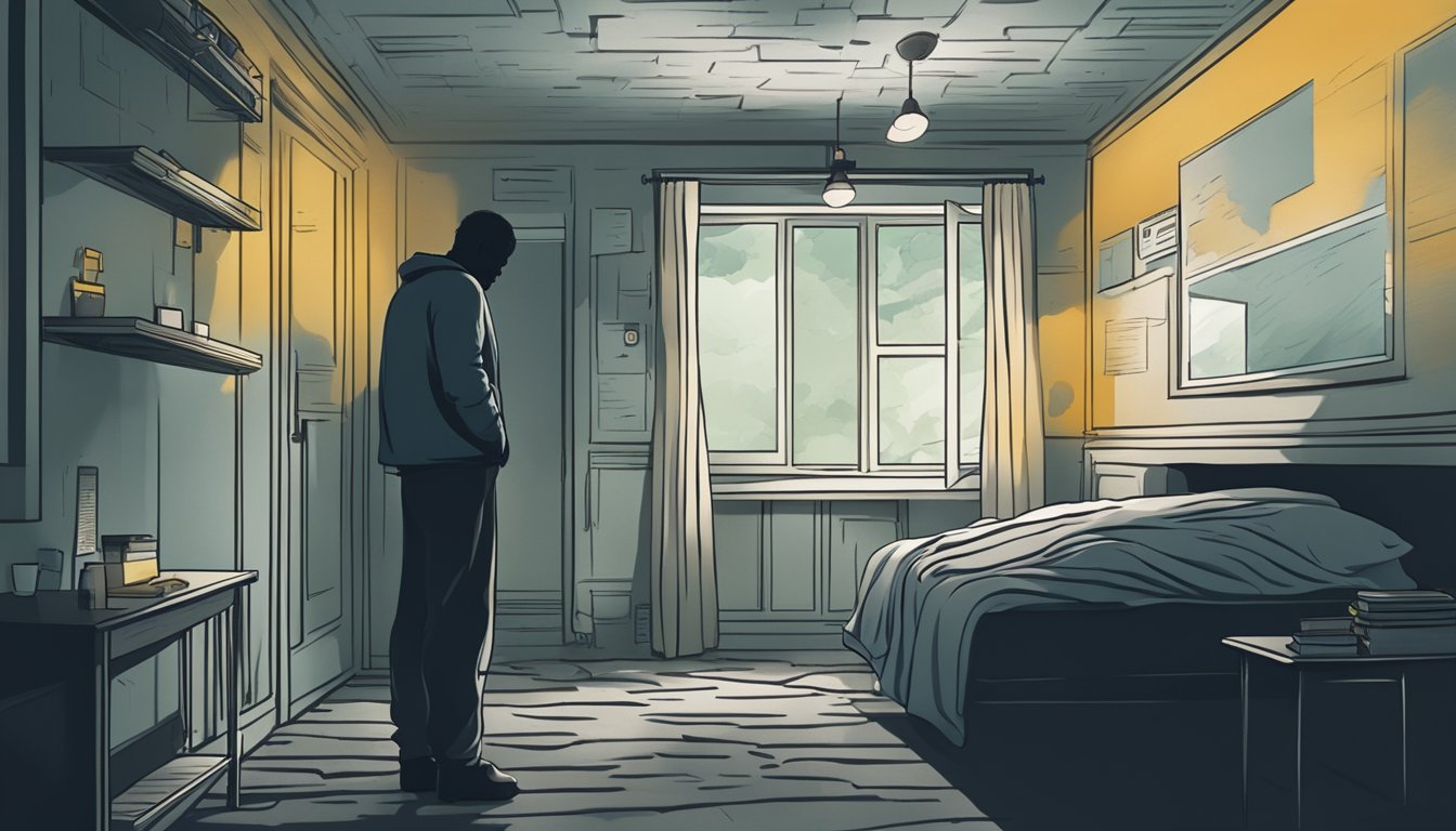 A dark, damp room with visible mold growth on walls and ceiling. A person's silhouette appears fatigued, surrounded by symptoms of chronic fatigue