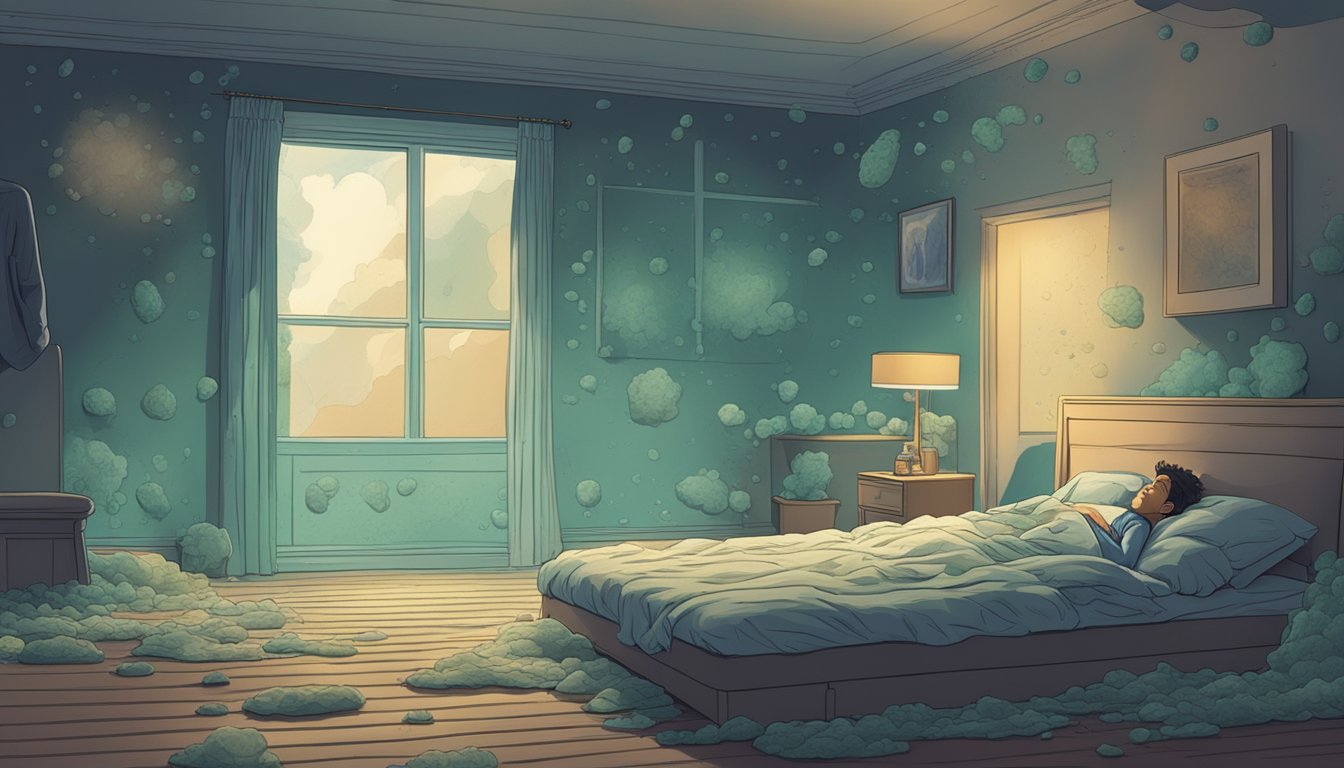 A dimly lit room with mold spores floating in the air, damp walls, and a person lying in bed, exhausted and unable to find relief from chronic fatigue