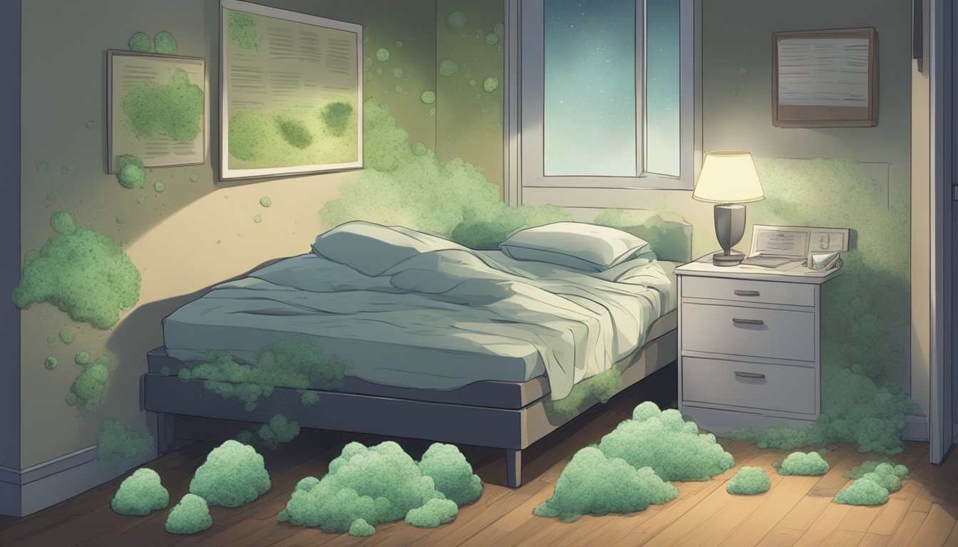 A dimly lit room with mold growing on the walls. A person lies in bed, exhausted. A medical chart and mold spores are visible
