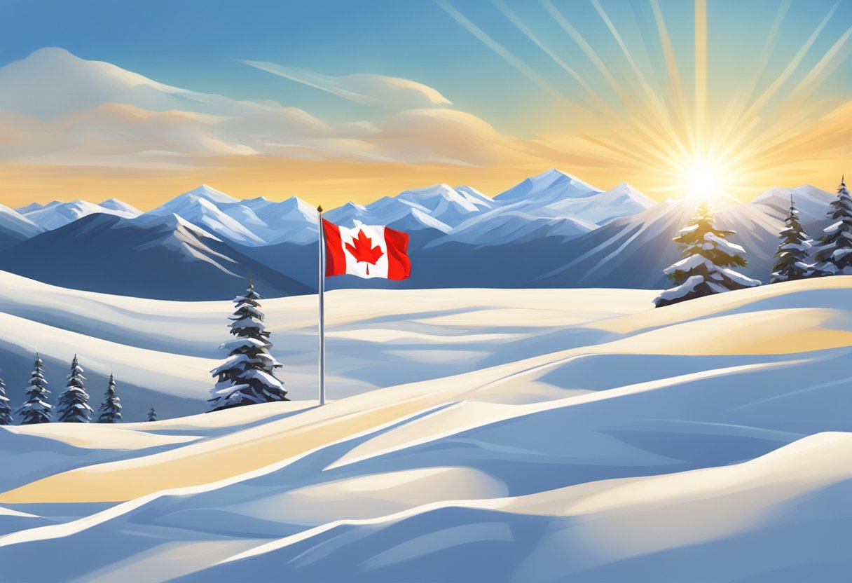 A Canadian flag flying high over a landscape of snow-capped mountains with a shining sun, symbolizing hope and relief from debt