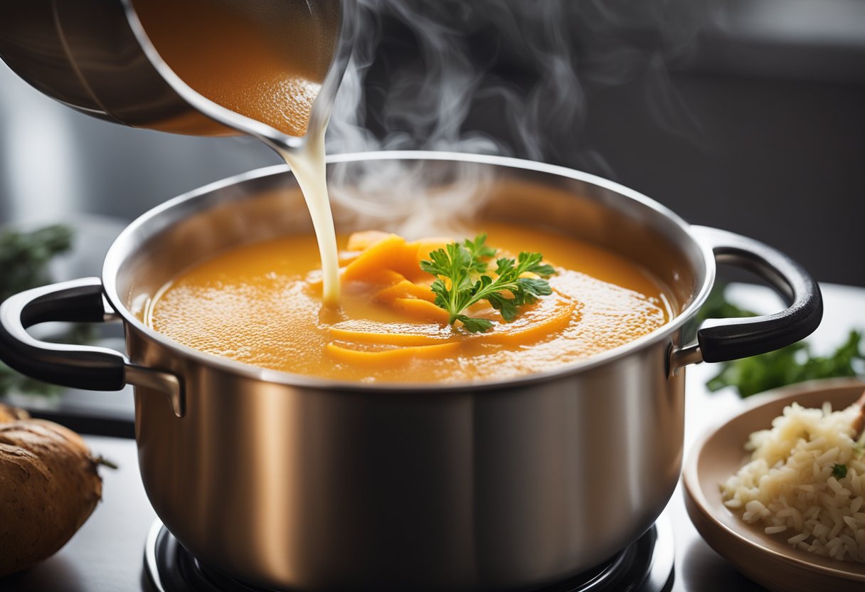 A pot of carrot and ginger soup simmering on a stovetop, with a swirl of coconut milk being poured in. Steam rises from the pot, and the ingredients are visible