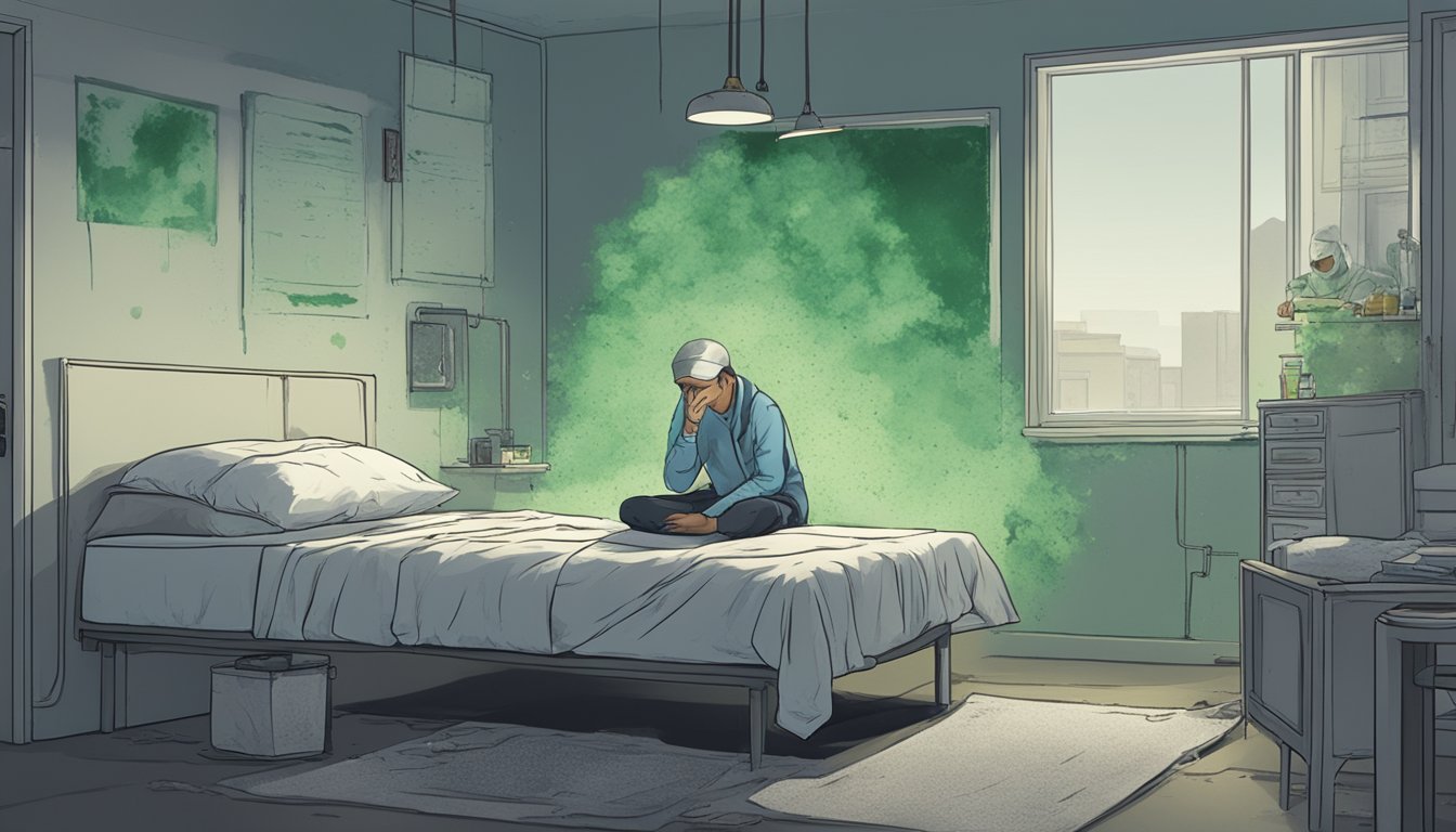 A dimly lit room with mold growing on the walls. A person sits on a bed, looking exhausted. A medical chart and mold spores are visible