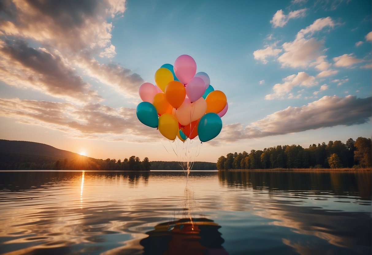 Colorful balloons drift above a tranquil lake at sunset, surrounded by fluffy clouds and a pastel sky