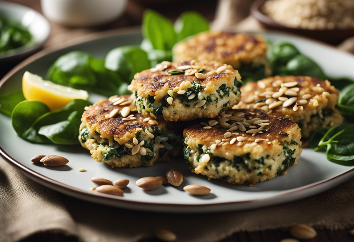 Quinoa and spinach patties topped with sunflower seeds on a plate