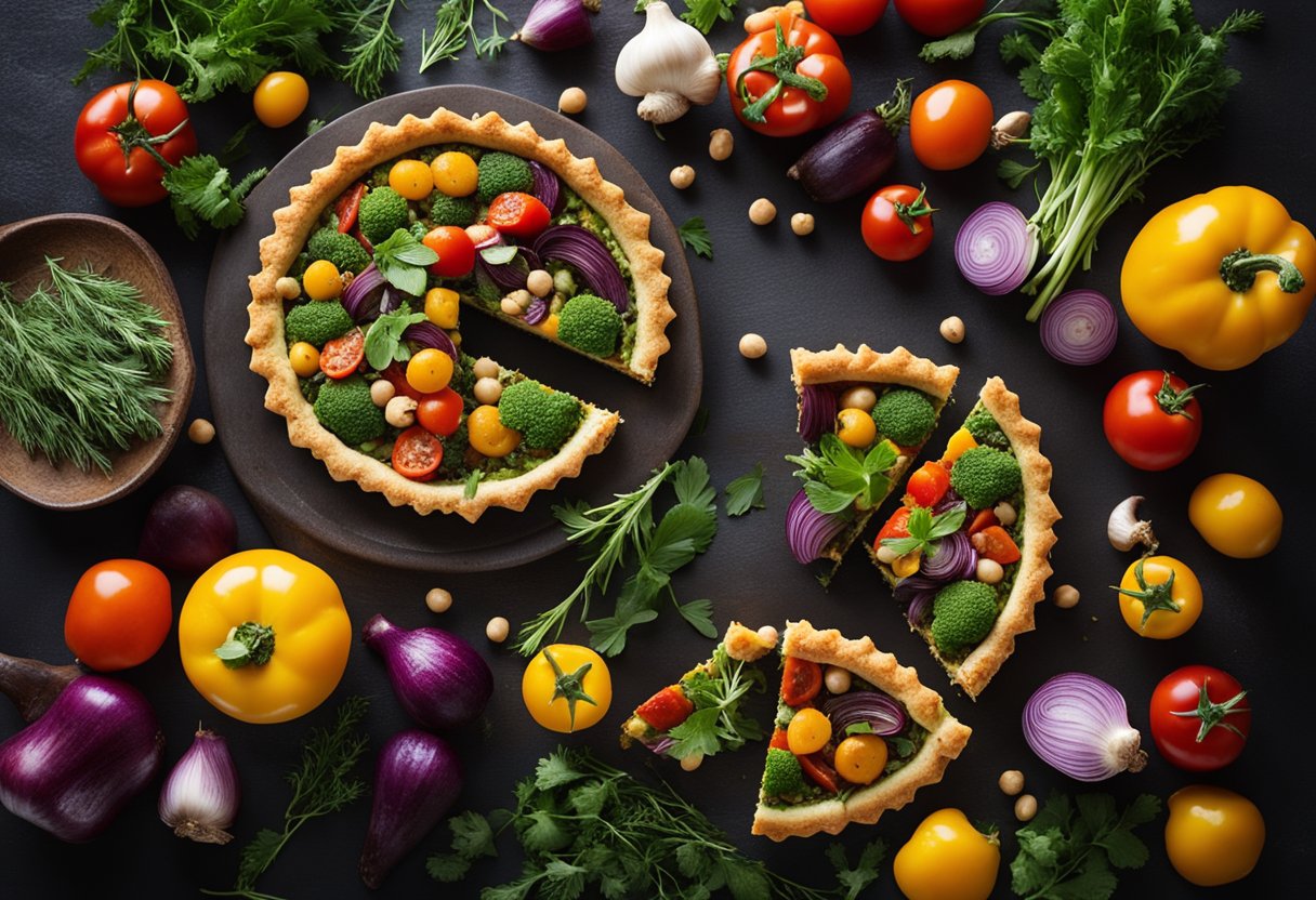 A rustic table with a colorful vegetable tart made with chickpea crust, surrounded by vibrant roasted vegetables and fresh herbs