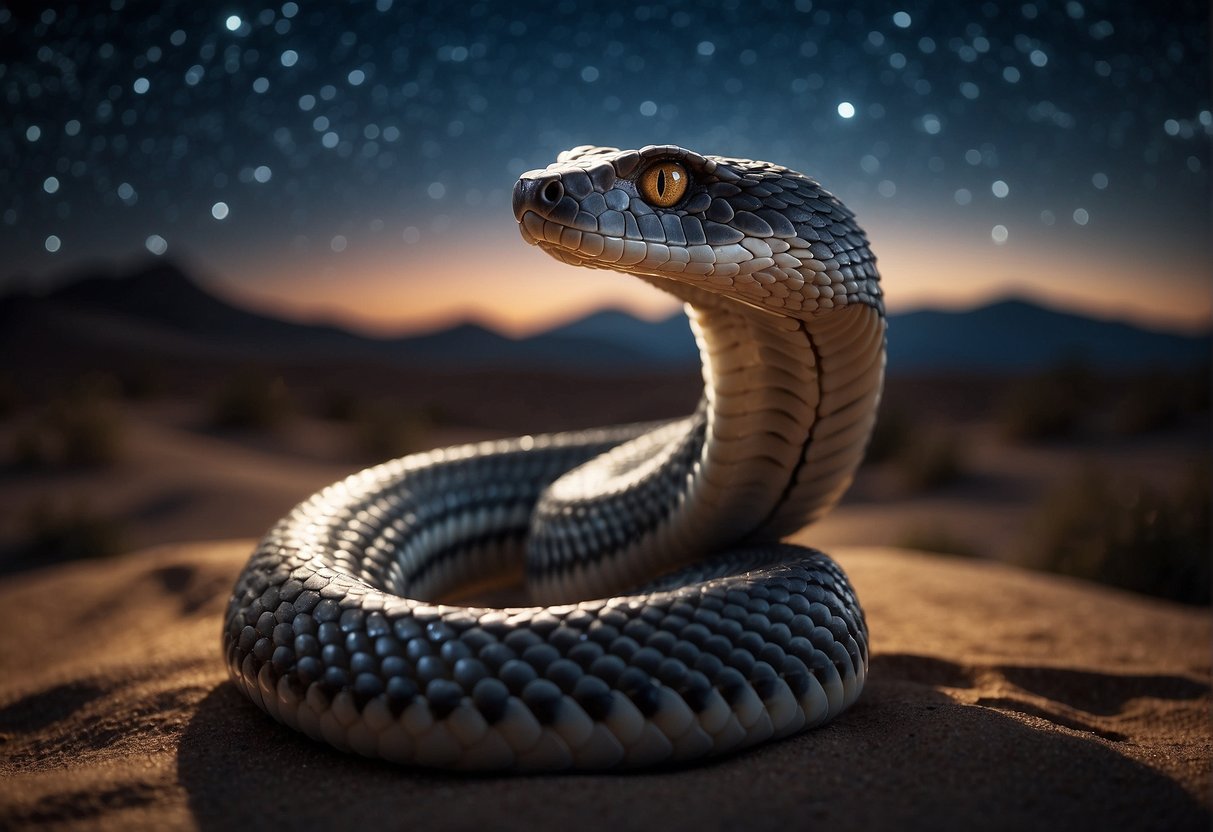 A cobra coils in a moonlit desert, its scales shimmering under the starry sky