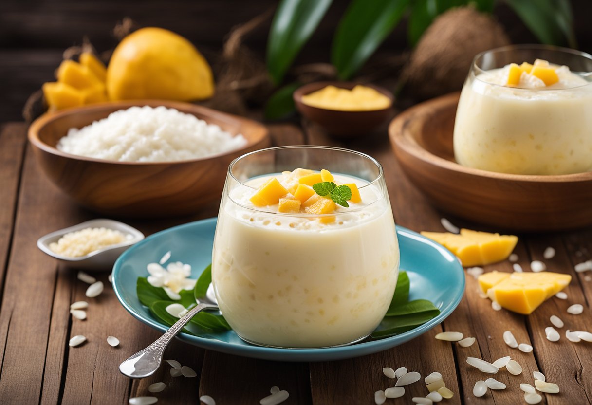 A bowl of tapioca pudding with coconut milk and mango slices on a wooden table