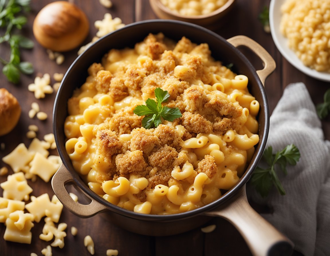A bubbling pot of creamy macaroni and cheese with chunks of spicy Cajun chicken mixed in, topped with a golden-brown breadcrumb crust