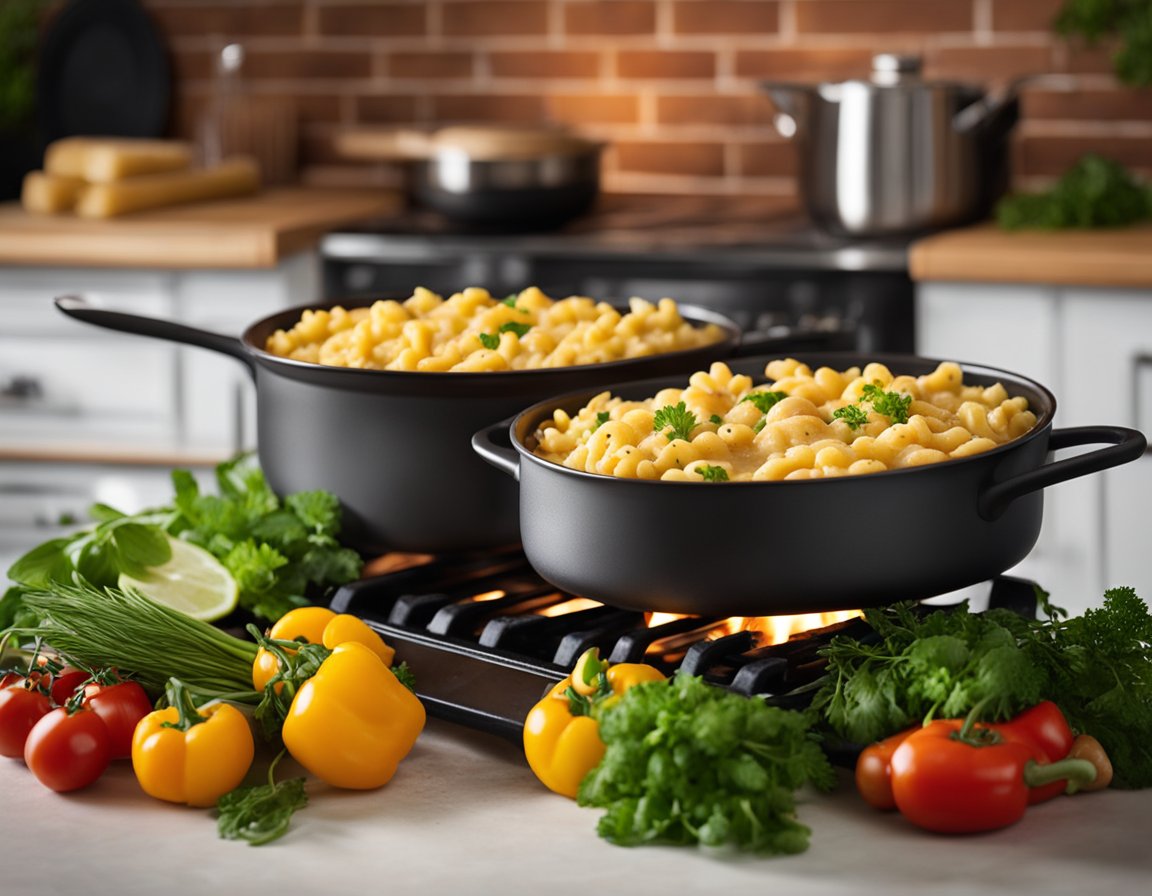 A bubbling pot of Cajun chicken macaroni and cheese simmers on a rustic stove, surrounded by fresh herbs, spices, and colorful vegetables