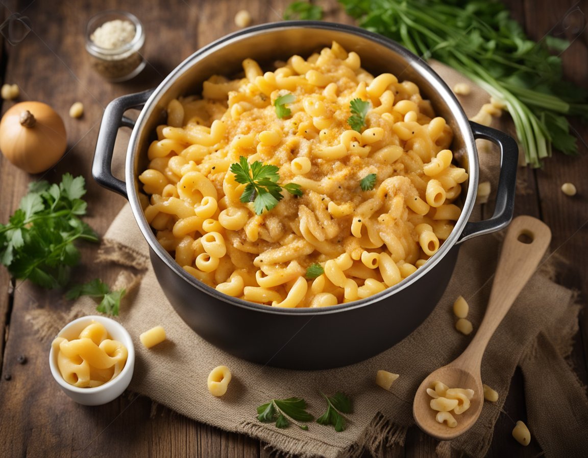 A bubbling pot of cheesy macaroni and Cajun-spiced chicken on a rustic wooden table. Ingredients like cheese, pasta, and seasonings are scattered around