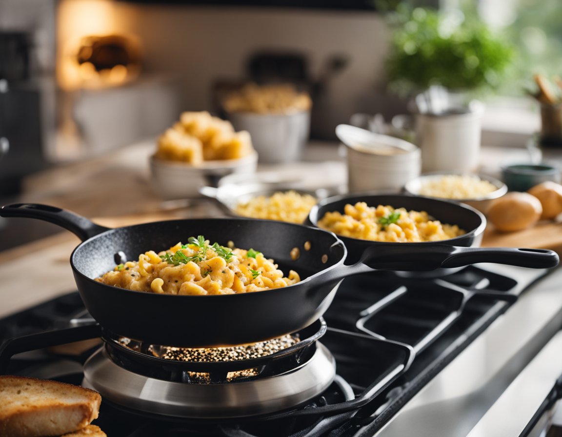 A sizzling skillet holds Cajun chicken next to a pot of bubbling macaroni and cheese. A sprinkle of spices and herbs adds a burst of color and flavor to the dish