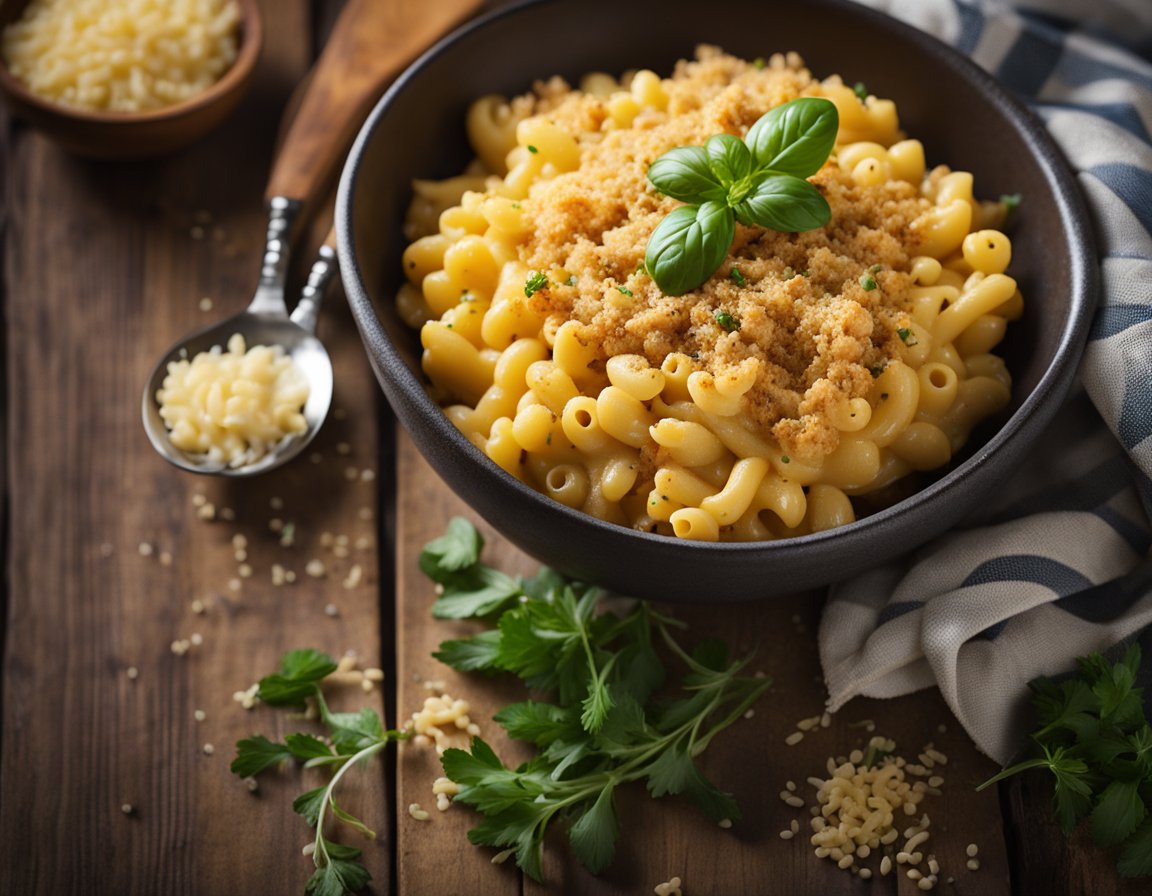 A steaming bowl of Cajun Chicken Macaroni and Cheese topped with crispy breadcrumbs and fresh herbs sits on a rustic wooden table