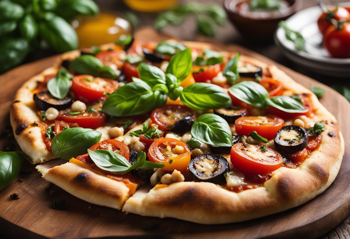 Grilled vegetable pizza with tomato sauce on a wooden board with fresh basil and oregano