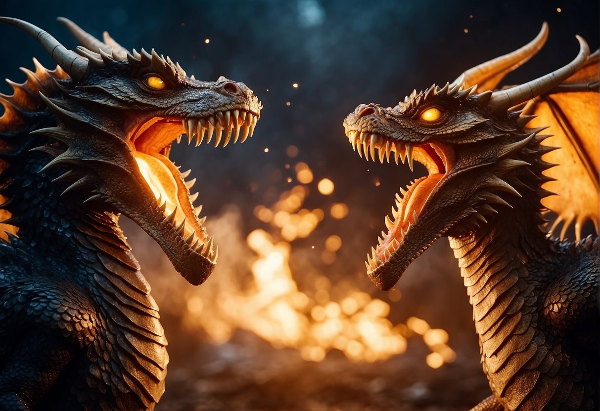 Two fierce dragons clash in a fiery battleground, their scales glinting in the moonlight as they unleash powerful roars and breath fire