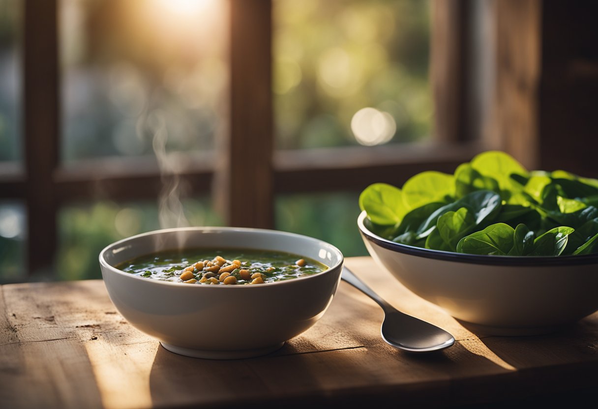 A steaming bowl of lentil and potato soup with fresh spinach on a rustic wooden table. Sunlight streams in through a nearby window, casting a warm glow on the comforting dish