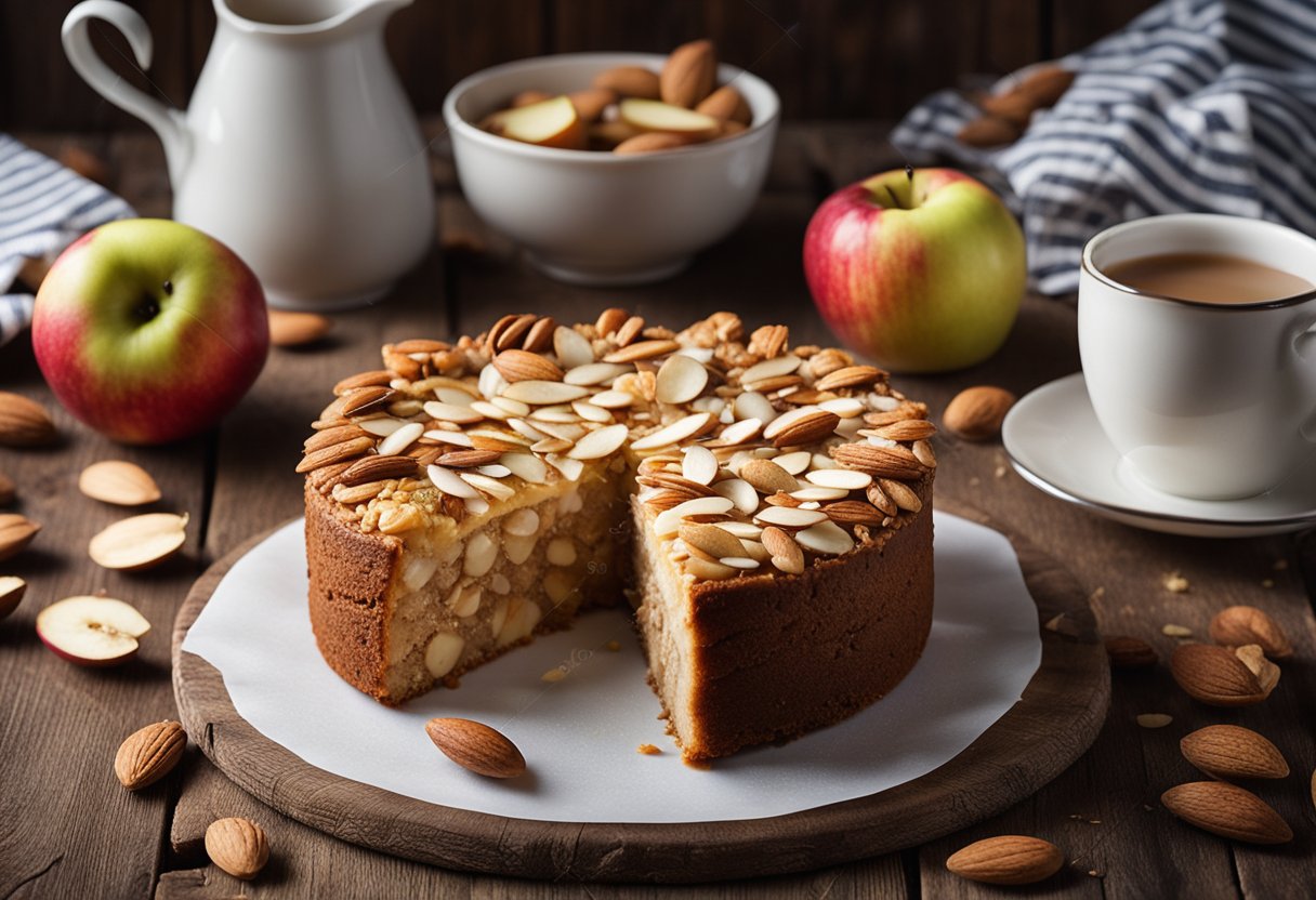 A rustic table with a freshly baked sugar-free apple and almond torte, surrounded by scattered almonds and apple slices